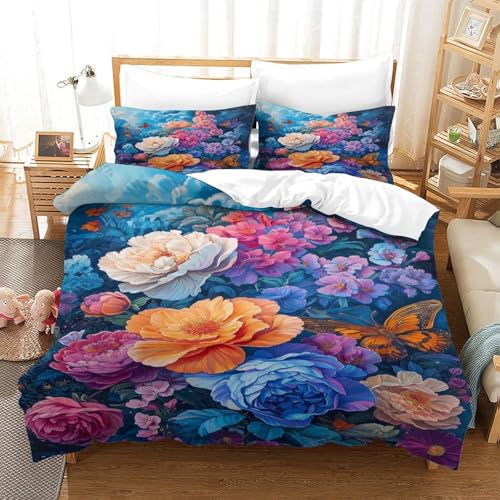 XPASHIQWC Colorful Blumen 3-teiliges 3D Druck Bettwäsche Set Blue Sky Mikrofaser Mit Reißverschluss, Für Erwachsene Schlafzimmer Dekoration Double（200x200cm） von XPASHIQWC