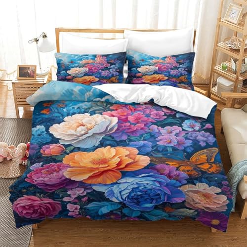 XPASHIQWC Colorful Blumen 3-teiliges 3D Druck Bettwäsche Set Blue Sky Mikrofaser Mit Reißverschluss, Für Erwachsene Schlafzimmer Dekoration King（220x240cm） von XPASHIQWC