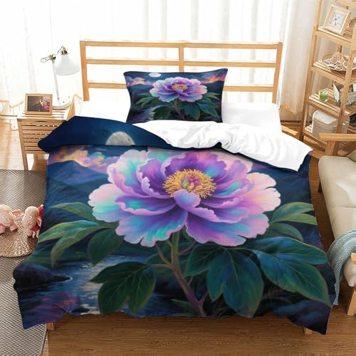 XPASHIQWC Colorful Peony 3D Druck Bettwäsche Set Moonlight River Mit Verstecktem Reißverschluss, Mikrofaser Für Moderne Schlafzimmer Dekoration Single（135x200cm） von XPASHIQWC