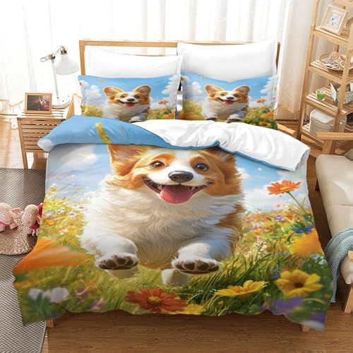 XPASHIQWC Corgi 3D Druck Bettwäsche Set Flower Field Mit Verstecktem Reißverschluss, Mikrofaser Für Moderne Schlafzimmer Dekoration Double（200x200cm） von XPASHIQWC