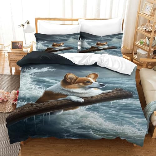 XPASHIQWC Corgi 3D Gedruckte 3-teiliger Komfortbezug Ocean Storm Mit Kissenbezügen Versteckter Reißverschluss Für Erwachsene Schlafzimmer Dekoration Double（200x200cm） von XPASHIQWC
