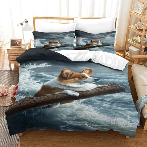 XPASHIQWC Corgi 3D Gedruckte 3-teiliger Komfortbezug Ocean Storm Mit Kissenbezügen Versteckter Reißverschluss Für Erwachsene Schlafzimmer Dekoration King（220x240cm） von XPASHIQWC