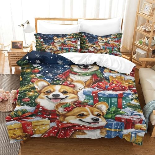 XPASHIQWC Corgi 3D Gedruckte 3-teiliger Komfortbezug Weihnachtsszene Mit Kissenbezügen Versteckter Reißverschluss Für Erwachsene Schlafzimmer Dekoration King（220x240cm） von XPASHIQWC