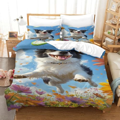 XPASHIQWC Der Border Collie 3-teiliges 3D Druck Bettwäsche Set Flower Field Mikrofaser Mit Reißverschluss, Für Erwachsene Schlafzimmer Dekoration Double（200x200cm） von XPASHIQWC