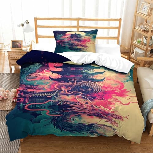 XPASHIQWC Der Turm 3D Druck Bettwäsche Set Full Moon Drachen Mit Verstecktem Reißverschluss, Mikrofaser Für Moderne Schlafzimmer Dekoration Single（135x200cm） von XPASHIQWC