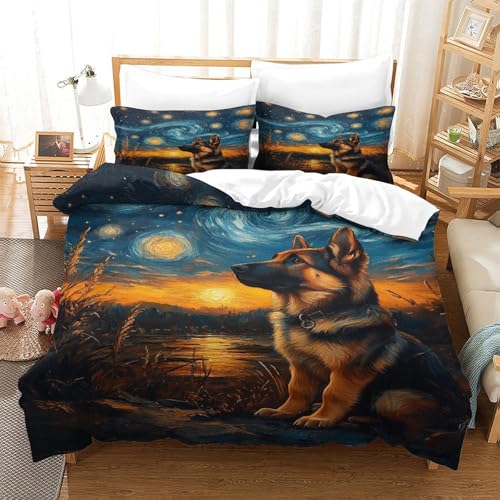 XPASHIQWC Deutsche Hirten 3D Druck Bettwäsche Set Sternennacht Riverside Mit Verstecktem Reißverschluss, Mikrofaser Für Moderne Schlafzimmer Dekoration King（220x240cm） von XPASHIQWC