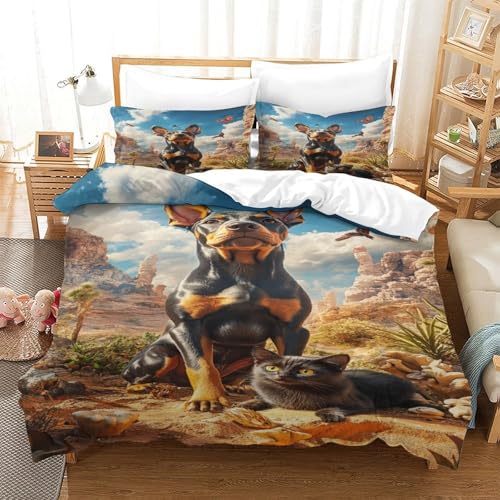 XPASHIQWC Doberman 3-teiliges 3D Gedrucktes Microfaser Bettbezug Set Desert Landscape Mit Kissenbezügen, Für Schlafzimmer, Schlafsaal Dekor Double（200x200cm） von XPASHIQWC