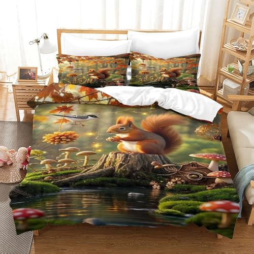 XPASHIQWC Eichhörnchen 3D Druck Bettwäsche Set Herbst Wald Mit Verstecktem Reißverschluss, Mikrofaser Für Moderne Schlafzimmer Dekoration King（220x240cm） von XPASHIQWC