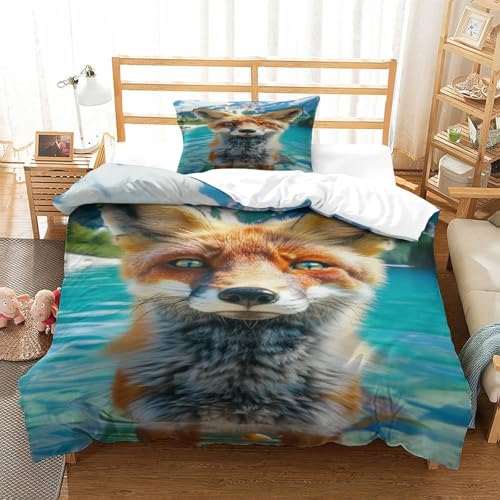 XPASHIQWC Fox 3D Gedruckte Mikrofaser Bettbezug Set Lakes Snow Mountain Mit Verstecktem Reißverschluss, Für Teens, Schlafzimmer Single（135x200cm） von XPASHIQWC