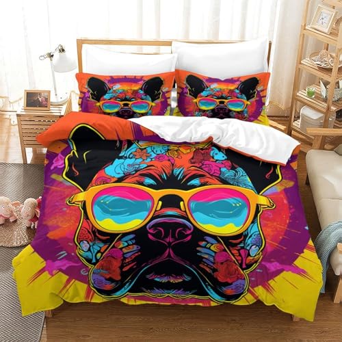 XPASHIQWC Französische Bulldogge 3D Druck Bettwäsche Set Bunte Muster Mit Verstecktem Reißverschluss, Mikrofaser Für Moderne Schlafzimmer Dekoration Double（200x200cm） von XPASHIQWC