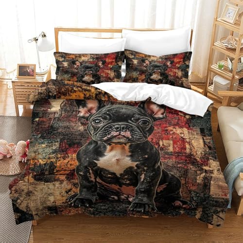 XPASHIQWC Französische Bulldogges 3D Gedruckte 3-teiliger Komfortbezug Abstrakte Kunst Dog Mit Kissenbezügen Versteckter Reißverschluss Für Erwachsene Schlafzimmer Dekoration Double（200x200cm） von XPASHIQWC