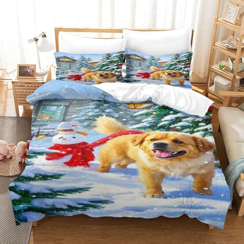 XPASHIQWC Goldener Retriever 3-teiliges 3D Druck Bettwäsche Set Weihnachts Schneehäuse Mikrofaser Mit Reißverschluss, Für Erwachsene Schlafzimmer Dekoration Double（200x200cm） von XPASHIQWC