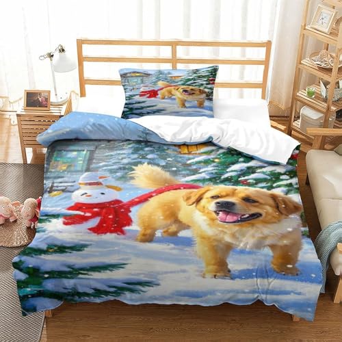 XPASHIQWC Goldener Retriever 3-teiliges 3D Gedrucktes Microfaser Bettbezug Set Weihnachts Schneehäuse Mit Kissenbezügen, Für Schlafzimmer, Schlafsaal Dekor Single（135x200cm） von XPASHIQWC