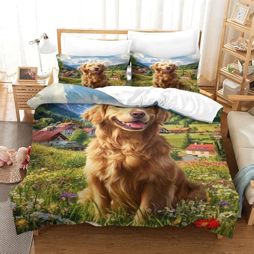 XPASHIQWC Goldener Retriever 3D Druck Bettwäsche Set Flower Field Mit Verstecktem Reißverschluss, Mikrofaser Für Moderne Schlafzimmer Dekoration Double（200x200cm） von XPASHIQWC