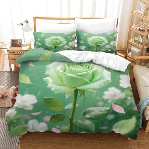 XPASHIQWC Green Rose 3D Gedruckte Mikrofaser Bettbezug Set Rain Petals Mit Verstecktem Reißverschluss, Für Teens, Schlafzimmer Double（200x200cm） von XPASHIQWC