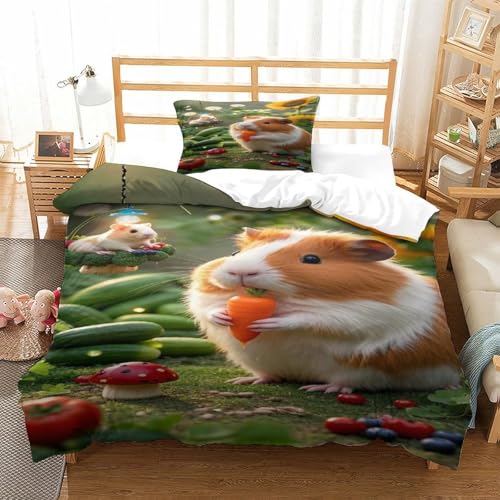 XPASHIQWC Guineeschwein 3D Gedruckte 3-teiliger Komfortbezug Garten Hamster Mit Kissenbezügen Versteckter Reißverschluss Für Erwachsene Schlafzimmer Dekoration Single（135x200cm） von XPASHIQWC