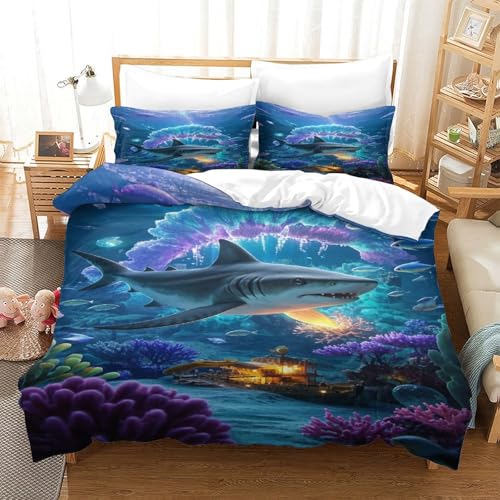 XPASHIQWC Hai 3-teiliges 3D Druck Bettwäsche Set Marine Koralle Mikrofaser Mit Reißverschluss, Für Erwachsene Schlafzimmer Dekoration King（220x240cm） von XPASHIQWC
