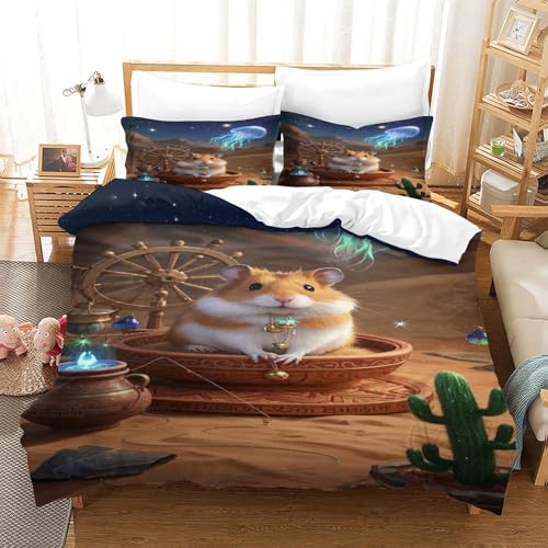 XPASHIQWC Hamster 3D Gedruckte 3-teiliger Komfortbezug Nachtblick auf die Wüste Mit Kissenbezügen Versteckter Reißverschluss Für Erwachsene Schlafzimmer Dekoration Double（200x200cm） von XPASHIQWC