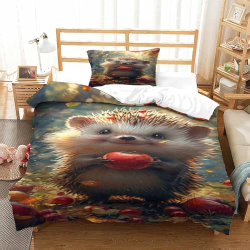 XPASHIQWC Hedgehog 3-teiliges 3D Druck Bettwäsche Set Früchte im Herbst Mikrofaser Mit Reißverschluss, Für Erwachsene Schlafzimmer Dekoration Single（135x200cm） von XPASHIQWC