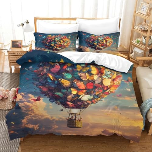 XPASHIQWC Heißluftballon 3-teiliges 3D Druck Bettwäsche Set Sky Butterfly Mikrofaser Mit Reißverschluss, Für Erwachsene Schlafzimmer Dekoration Double（200x200cm） von XPASHIQWC