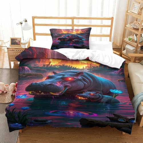 XPASHIQWC Hippopotamus 3-teiliges 3D Druck Bettwäsche Set Pyramide Magie Mikrofaser Mit Reißverschluss, Für Erwachsene Schlafzimmer Dekoration Single（135x200cm） von XPASHIQWC
