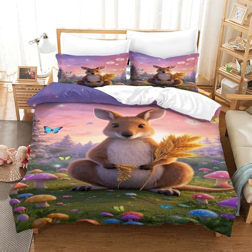 XPASHIQWC Kanguru 3-teiliges 3D Druck Bettwäsche Set Fantasy Wiese Mikrofaser Mit Reißverschluss, Für Erwachsene Schlafzimmer Dekoration Double（200x200cm） von XPASHIQWC