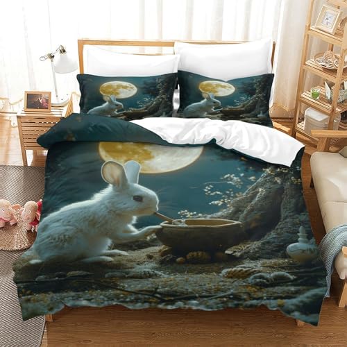 XPASHIQWC Kaninchen 3D Druck Bettwäsche Set Mondbaum Mit Verstecktem Reißverschluss, Mikrofaser Für Moderne Schlafzimmer Dekoration King（220x240cm） von XPASHIQWC