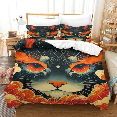 XPASHIQWC Katze 3-teiliges 3D Druck Bettwäsche Set Orange rote Augen Mikrofaser Mit Reißverschluss, Für Erwachsene Schlafzimmer Dekoration King（220x240cm） von XPASHIQWC