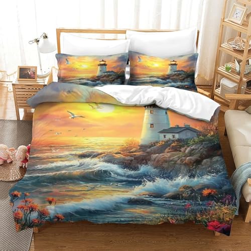 XPASHIQWC Küstenleuchtturm 3-teilige 3D Gedruckte Tröster Abdeckung Sunset Seagulls Mikrofaser Mit Reißverschluss, Für Moderne Schlafzimmer Dekor Double（200x200cm） von XPASHIQWC