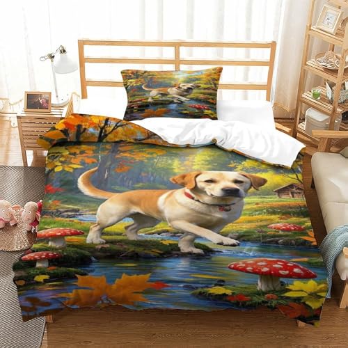 XPASHIQWC Labrador Retriever 3-teiliges 3D Druck Bettwäsche Set Herbst Wald Mikrofaser Mit Reißverschluss, Für Erwachsene Schlafzimmer Dekoration Single（135x200cm） von XPASHIQWC