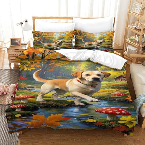 XPASHIQWC Labrador Retriever 3D Druck 3-teiliges Herbst Wald Mit Reißverschluss, Für Kinder, Jungen, Teens, Weiche Quilt Cover Schlafzimmer Dekor Double（200x200cm） von XPASHIQWC