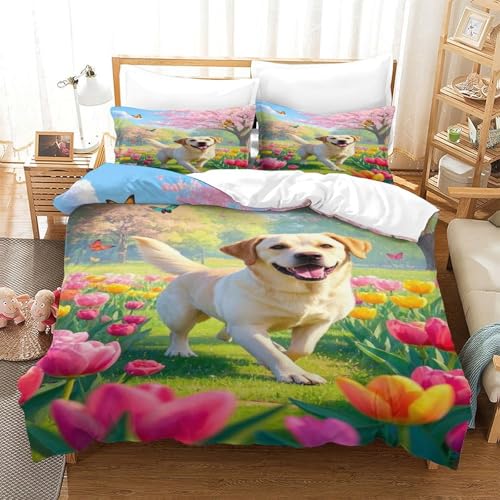 XPASHIQWC Labrador Retriever 3D Gedruckte Mikrofaser Bettbezug Set Blumen Meer Schmetterling Mit Reißverschluss, Für Schlafzimmer, Schlafsaal Dekor Double（200x200cm） von XPASHIQWC
