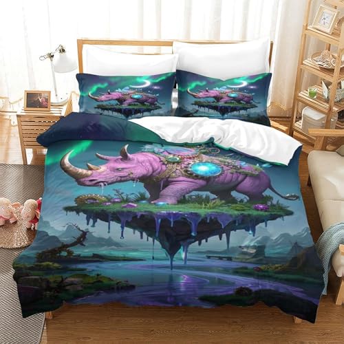 XPASHIQWC Lila Nashörner 3-teilige 3D Gedruckte Tröstenbezug Aurora schwimmende Insel Mit Kissenbezügen, Versteckter Reißverschluss Für Kinder, Jungen, Mädchen, Schlafzimmer Dekor King（220x240cm） von XPASHIQWC