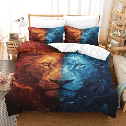 XPASHIQWC Löwen 3-teiliges 3D Druck Bettwäsche Set Flammenwasser Mikrofaser Mit Reißverschluss, Für Erwachsene Schlafzimmer Dekoration Double（200x200cm） von XPASHIQWC