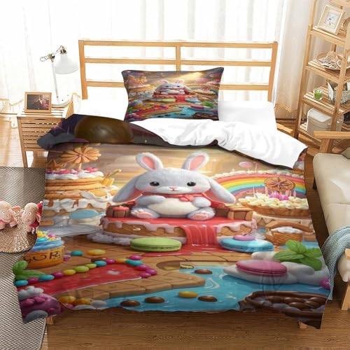 XPASHIQWC Lop-Eared Kaninchen 3D Gedruckte Bettwäsche Set Regenbogenkuchen Mit Verstecktem Reißverschluss Und Kissenbezug, Für Kinder, Teens Single（135x200cm） von XPASHIQWC