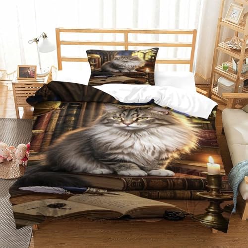 XPASHIQWC Maine Coon Katze 3-teiliges 3D Druck Bettwäsche Set Bibliotheksstudienzimmer Mikrofaser Mit Reißverschluss, Für Erwachsene Schlafzimmer Dekoration Single（135x200cm） von XPASHIQWC