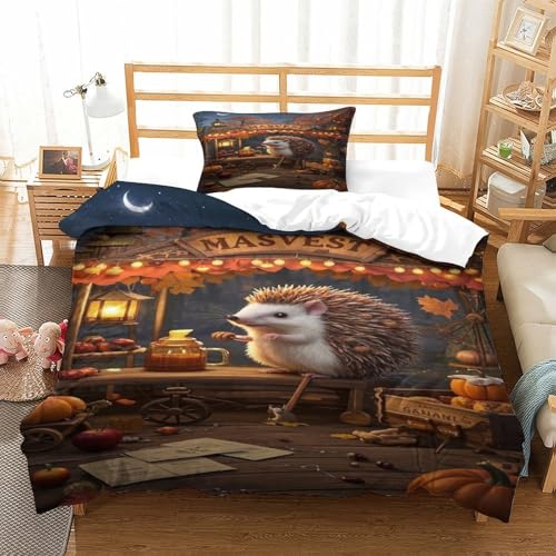 XPASHIQWC Markt Hedgehog 3D Druck Bettwäsche Set Herbst Wald Mit Verstecktem Reißverschluss, Mikrofaser Für Moderne Schlafzimmer Dekoration Single（135x200cm） von XPASHIQWC