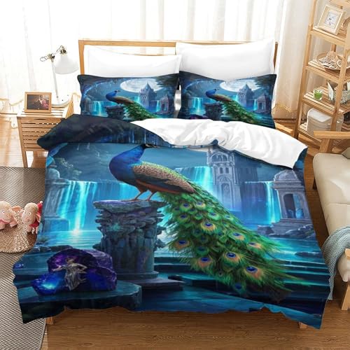 XPASHIQWC Moonlit Pfau 3D Druck 3-teiliges Schloss Wasserfall Mit Reißverschluss, Für Kinder, Jungen, Teens, Weiche Quilt Cover Schlafzimmer Dekor King（220x240cm） von XPASHIQWC