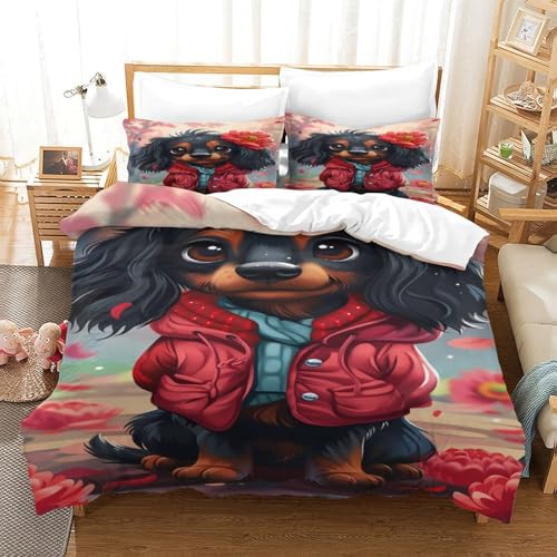 XPASHIQWC Netter Hund 3D Druck Bettwäsche Set Red Flower Mit Verstecktem Reißverschluss, Mikrofaser Für Moderne Schlafzimmer Dekoration Double（200x200cm） von XPASHIQWC