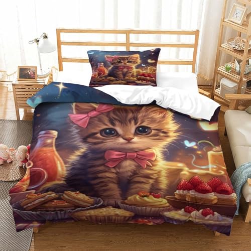XPASHIQWC Niedliche Katze 3D Druck Bettwäsche Set Dessert Mit Verstecktem Reißverschluss, Mikrofaser Für Moderne Schlafzimmer Dekoration Single（135x200cm） von XPASHIQWC