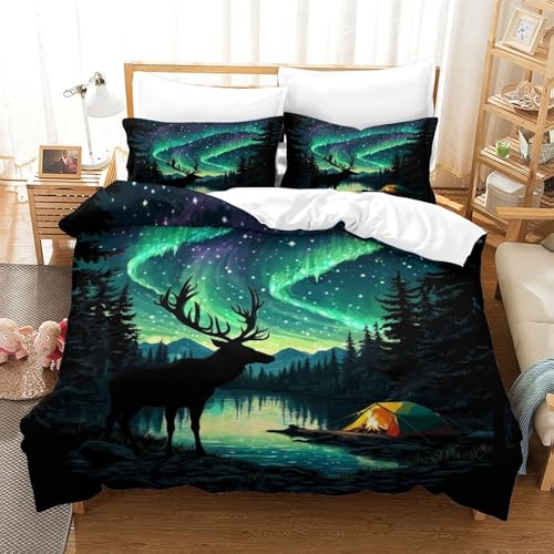 XPASHIQWC Nordlichter 3D Druck Bettwäsche Set Waldsee Mit Verstecktem Reißverschluss, Mikrofaser Für Moderne Schlafzimmer Dekoration Double（200x200cm） von XPASHIQWC