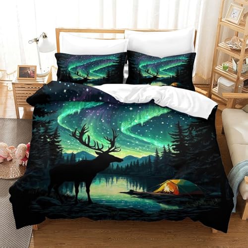 XPASHIQWC Nordlichter 3D Druck Bettwäsche Set Waldsee Mit Verstecktem Reißverschluss, Mikrofaser Für Moderne Schlafzimmer Dekoration King（220x240cm） von XPASHIQWC