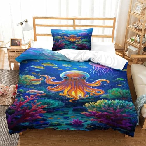 XPASHIQWC Octopus 3D Druck Bettwäsche Set Unterwasserwelt Mit Verstecktem Reißverschluss, Mikrofaser Für Moderne Schlafzimmer Dekoration Single（135x200cm） von XPASHIQWC
