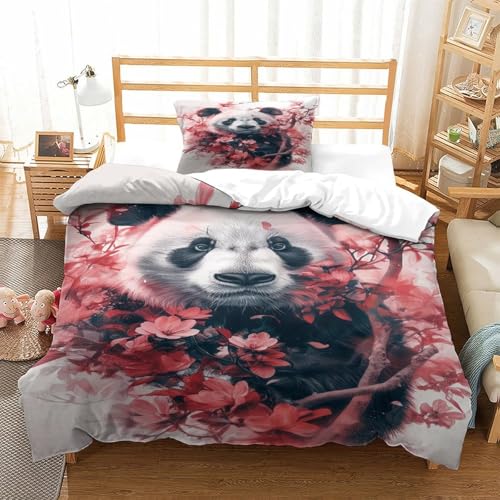 XPASHIQWC Panda 3D Druck Bettwäsche Set Red Flower Foliage Mit Verstecktem Reißverschluss, Mikrofaser Für Moderne Schlafzimmer Dekoration Single（135x200cm） von XPASHIQWC
