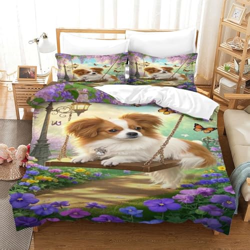 XPASHIQWC Papillon Welpen 3D Gedruckte 3-teiliger Komfortbezug Swing Wisteria Blume Mit Kissenbezügen Versteckter Reißverschluss Für Erwachsene Schlafzimmer Dekoration King（220x240cm） von XPASHIQWC