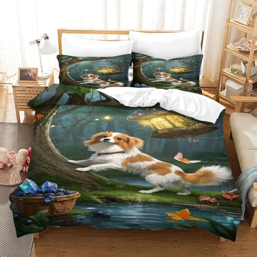 XPASHIQWC Papillon Welpen 3D Gedruckte Bettwäsche Set Waldpilz Haus Mit Verstecktem Reißverschluss Und Kissenbezug, Für Kinder, Teens King（220x240cm） von XPASHIQWC