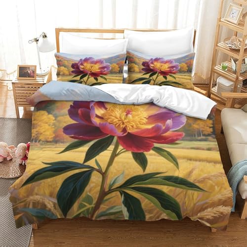XPASHIQWC Peony 3D Druck Bettwäsche Set Autumn Wheat Field Mit Verstecktem Reißverschluss, Mikrofaser Für Moderne Schlafzimmer Dekoration Double（200x200cm） von XPASHIQWC