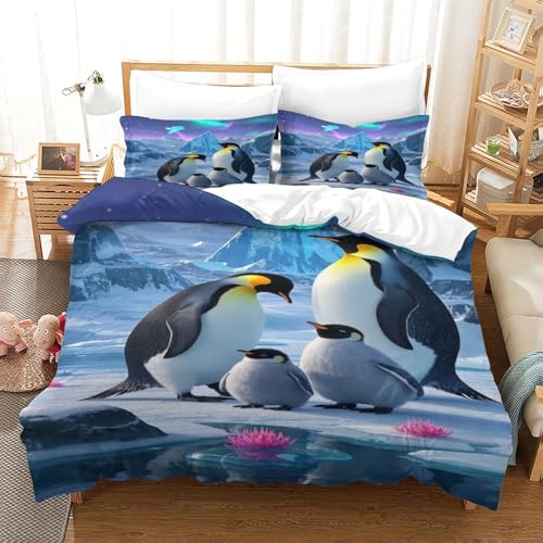 XPASHIQWC Pinguin 3D Druck Bettwäsche Set Aurora Gletscher Mit Verstecktem Reißverschluss, Mikrofaser Für Moderne Schlafzimmer Dekoration Double（200x200cm） von XPASHIQWC