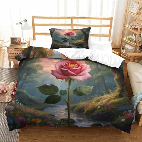 XPASHIQWC Pink Rose 3-teilige 3D Gedruckte Tröster Abdeckung Forest Stream Mikrofaser Mit Reißverschluss, Für Moderne Schlafzimmer Dekor Single（135x200cm） von XPASHIQWC