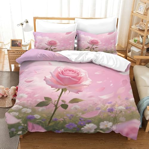 XPASHIQWC Pink Rose 3D Druck Bettwäsche Set Flower Cluster Mit Verstecktem Reißverschluss, Mikrofaser Für Moderne Schlafzimmer Dekoration Single（140x200cm） von XPASHIQWC